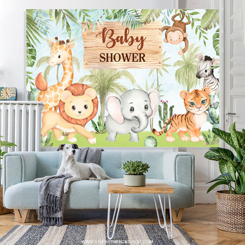 Lofaris Jungle Cute Animals And Green Trees Baby Shower Backdrop
