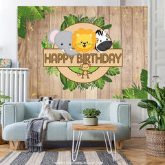 Lofaris Jungle Cute Animals Khaki Wooden Backdrop For Birthday