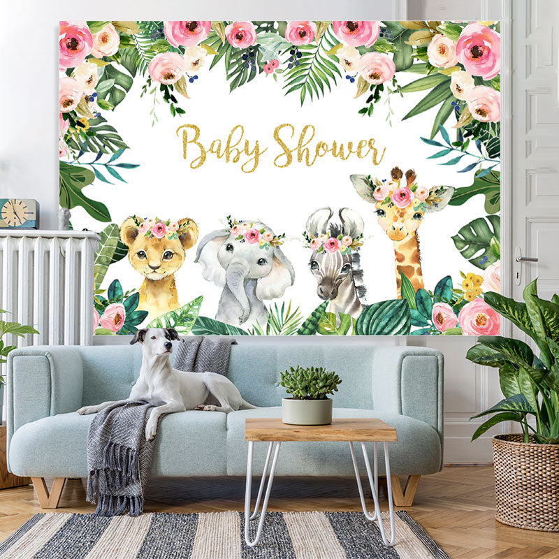 Lofaris Jungle Pink Rose and Baby Animals Shower Backdrop