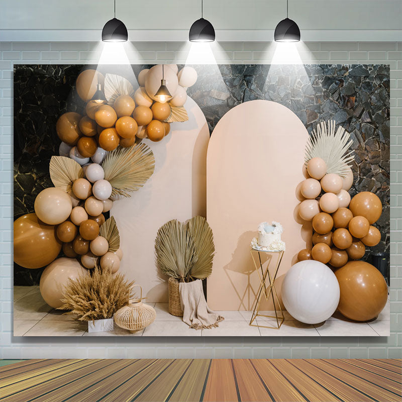 Lofaris Khaki Balloons Feather Stone Wall Birthday Backdrop