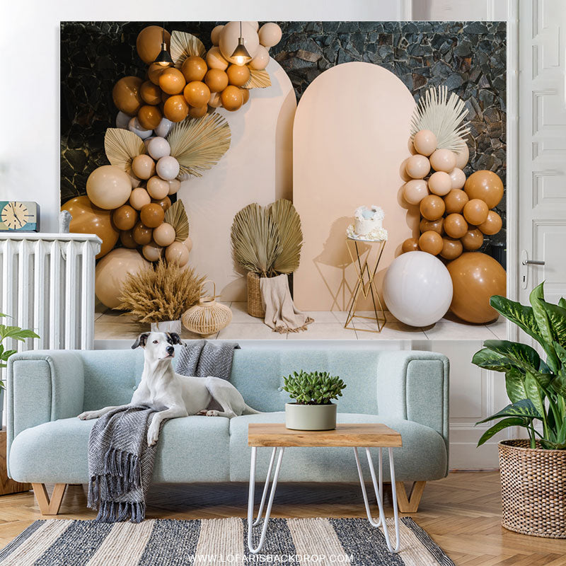 Lofaris Khaki Balloons Feather Stone Wall Birthday Backdrop