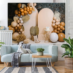 Lofaris Khaki Balloons Feather Stone Wall Birthday Backdrop