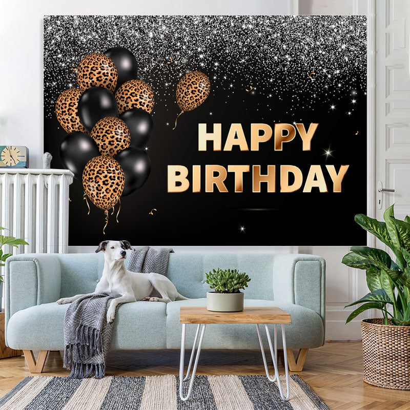 Lofaris Leopard Balloon Black Silver Glitter Happy Birthday Backdrop