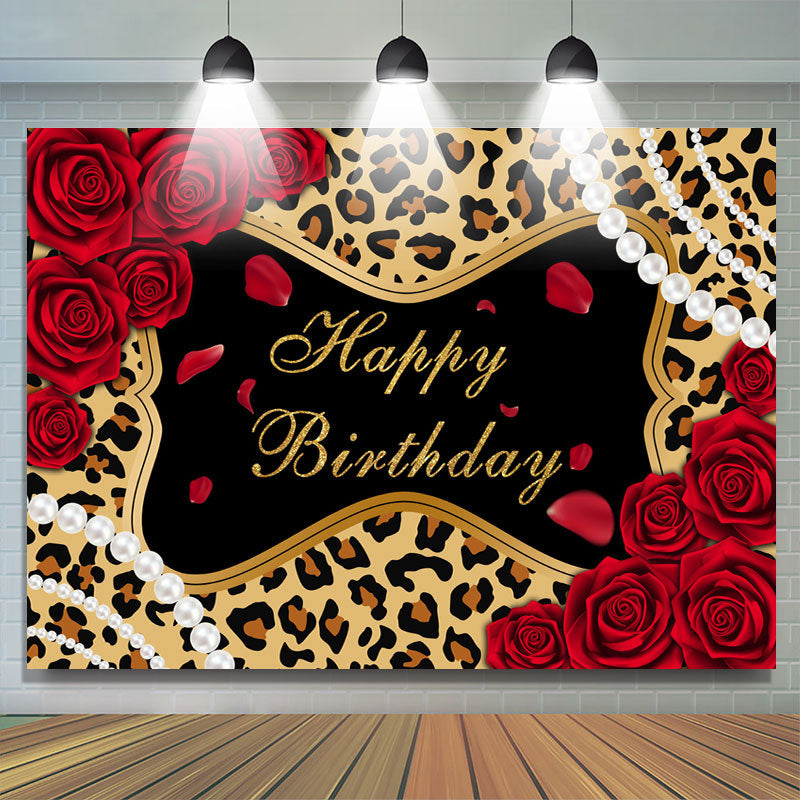 Lofaris Leopard Rose Glitter Themed Happy Birthday Backdrop