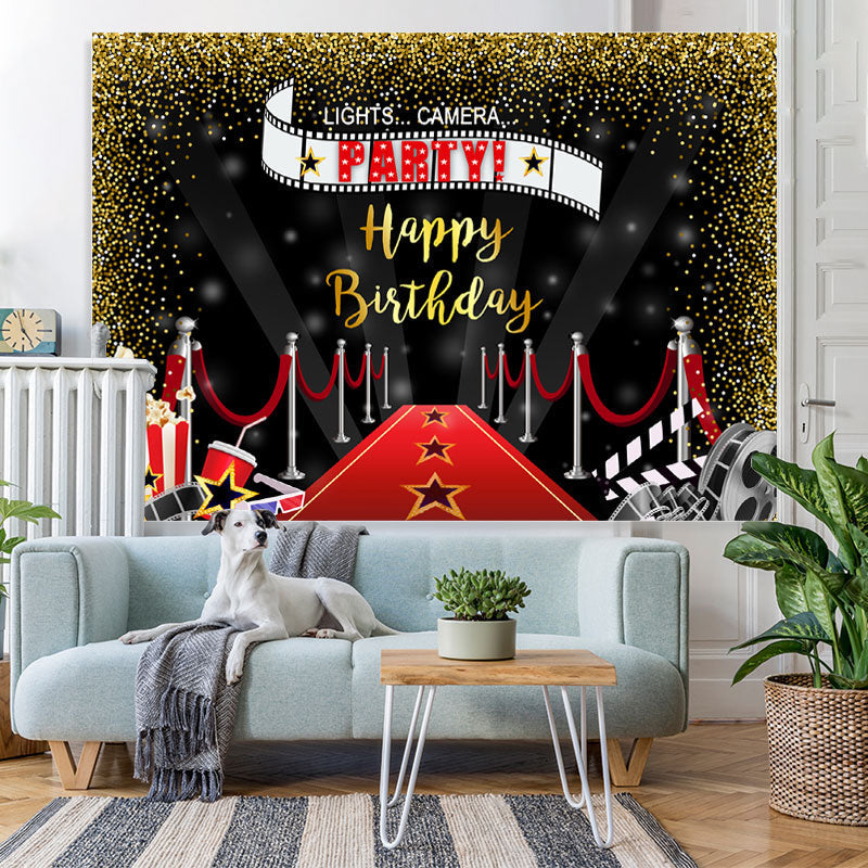 Lofaris Lets Camera Party Red Carpet Gold Glitter Birthday Backdrop