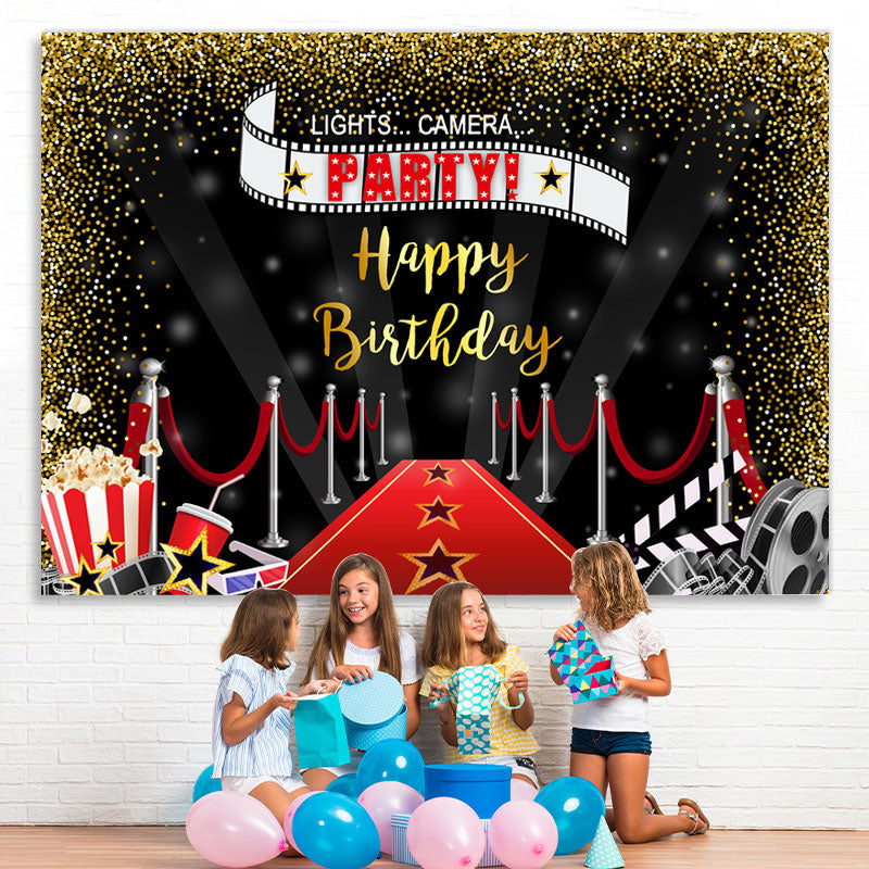 Lofaris Lets Camera Party Red Carpet Gold Glitter Birthday Backdrop
