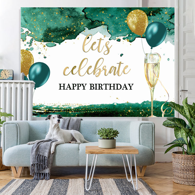 Lofaris Lets Celebrate Green and Gold Balloon Birthday Backdrop
