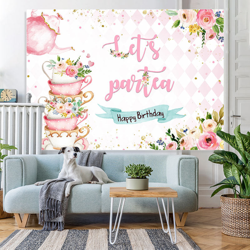 Lofaris Lets Partea Pink Teapot And Floral Birthday Backdrop