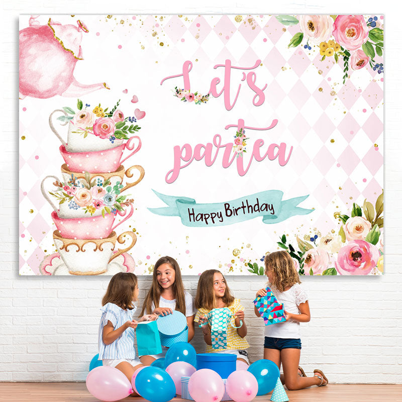 Lofaris Lets Partea Pink Teapot And Floral Birthday Backdrop