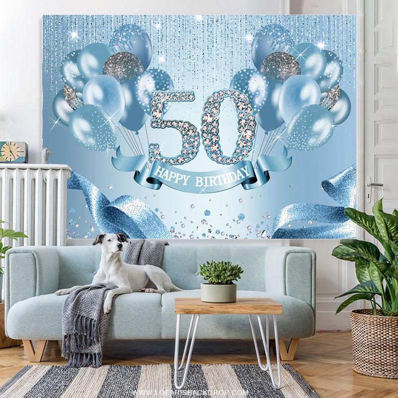 Lofaris Light Blue Balloon Ribbion Happy 50Th Birthday Backdrop