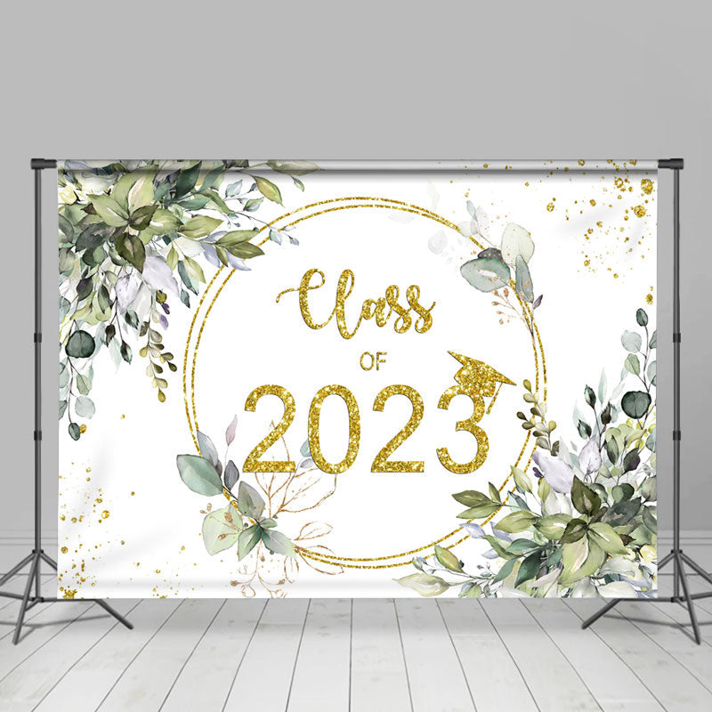 Lofaris Light Green Leaves And Gold Glitter 2023 Grad Backdrop