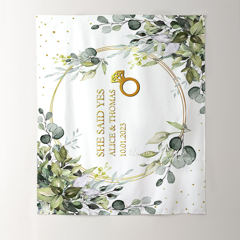 Lofaris Light Green Leaves Gold She Said Yes Wedding Backdrop