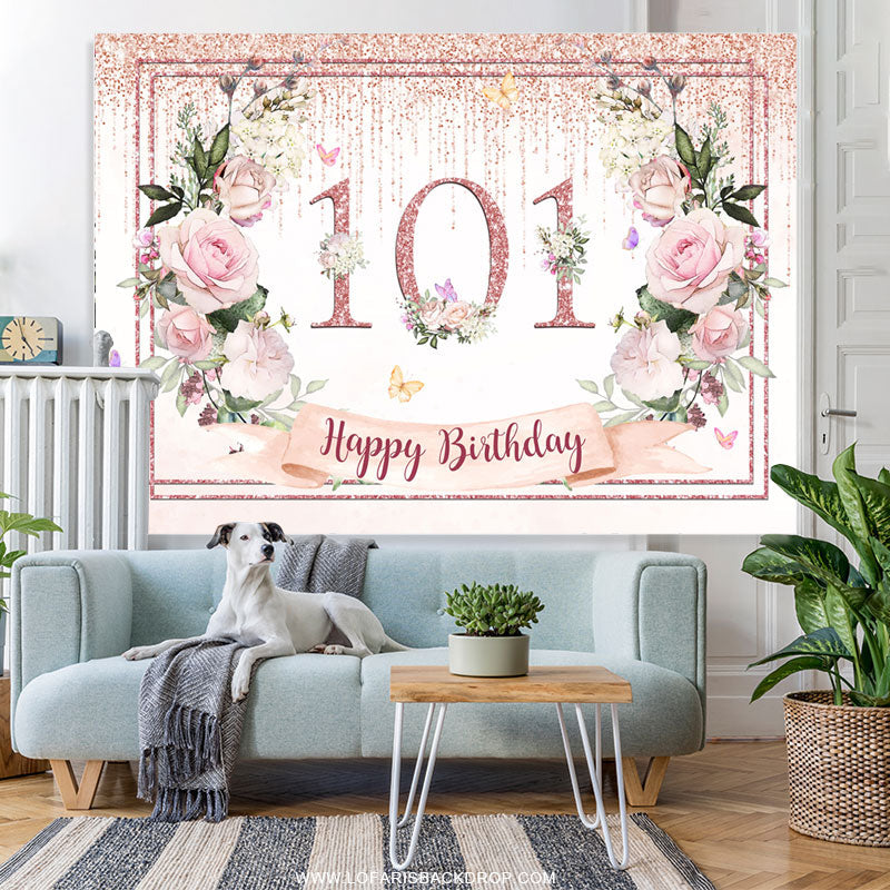 Lofaris Light Pink Floral Glitter Happy 101 Birthday Backdrop