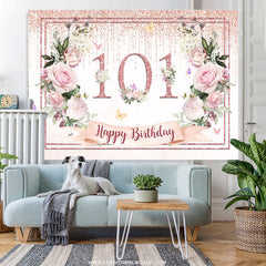 Lofaris Light Pink Floral Glitter Happy 101 Birthday Backdrop