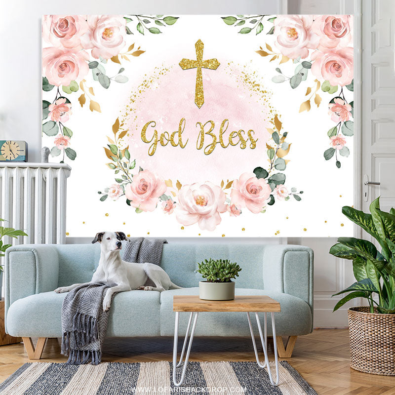 Lofaris Light Pink Floral Gold Glitter Baby Shower Backdrop