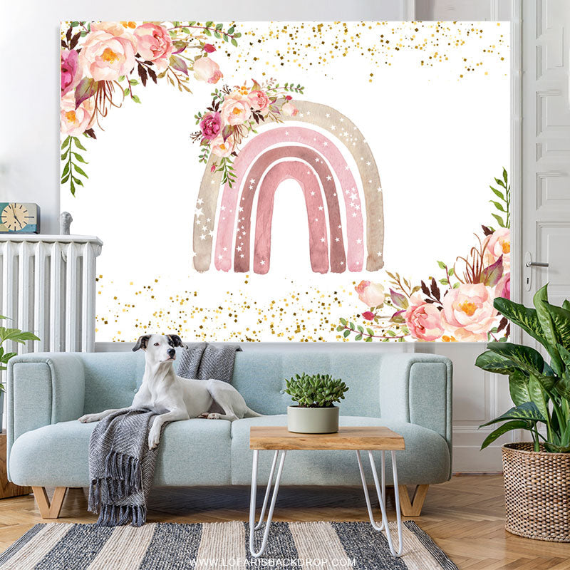 Lofaris Light Pink Rainbow And Floral Glitter Birthday Backdrop