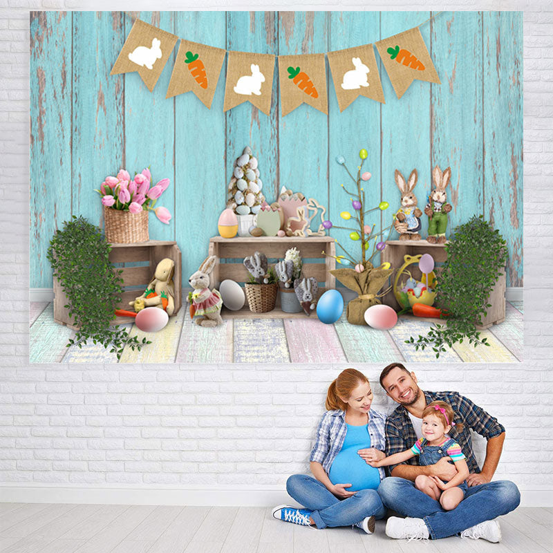 Lofaris Little Bunny And Carrot Blue Wooden Backdrop For Boy