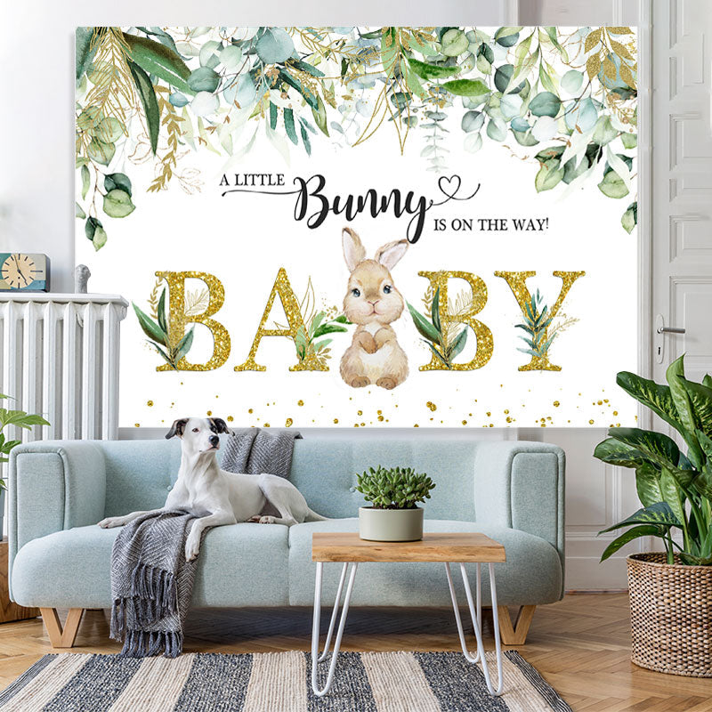 Lofaris Little Bunny And Green Leaves Gold Baby Shower Backdrop