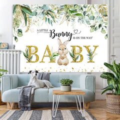 Lofaris Little Bunny And Green Leaves Gold Baby Shower Backdrop