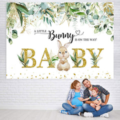 Lofaris Little Bunny And Green Leaves Gold Baby Shower Backdrop
