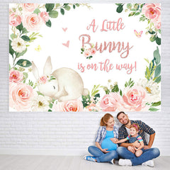 Lofaris Little Bunny Is On The Way Floral Baby Shower Backdrop