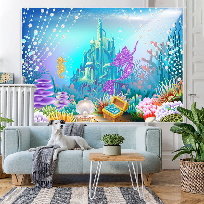 Lofaris Little Mermaid Glitter Underwater Castle World Backdrop