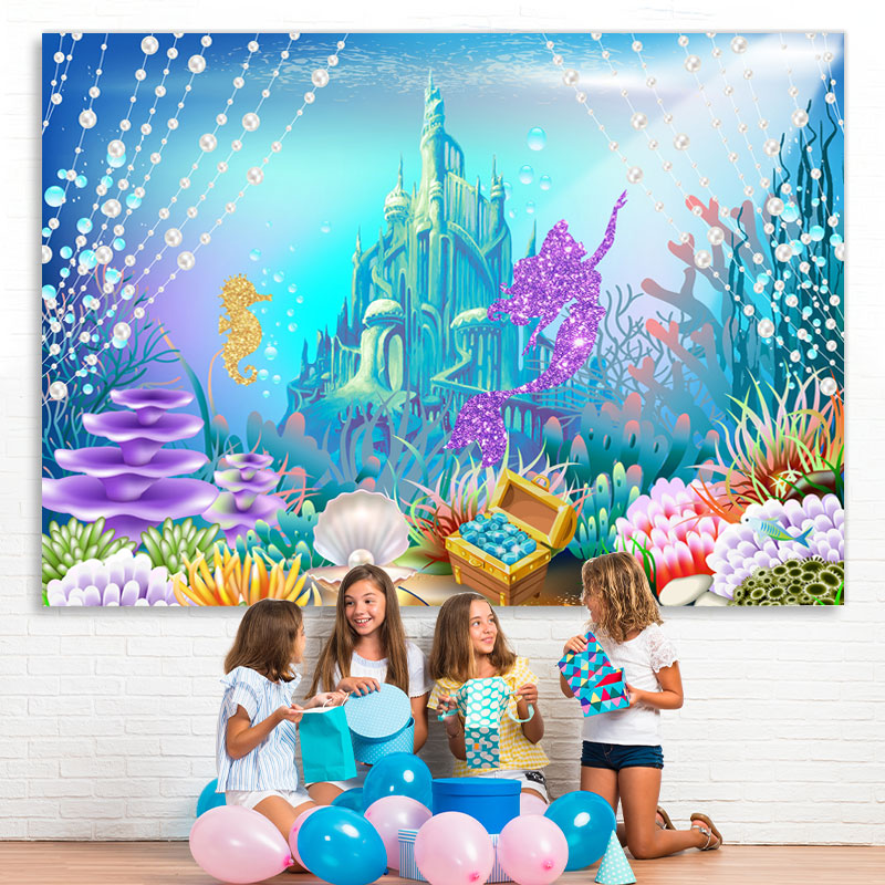 Lofaris Little Mermaid Glitter Underwater Castle World Backdrop