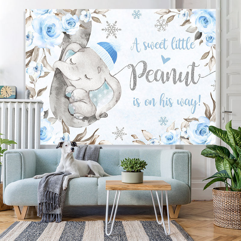 Lofaris Little Sweet Elephant Blue Floral Baby Shower Backdrop