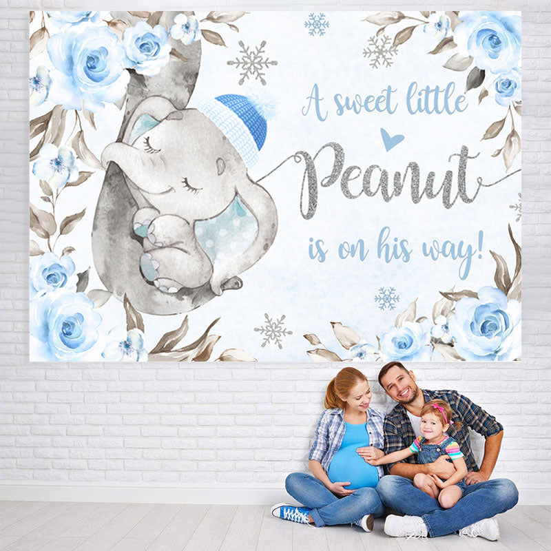 Lofaris Little Sweet Elephant Blue Floral Baby Shower Backdrop