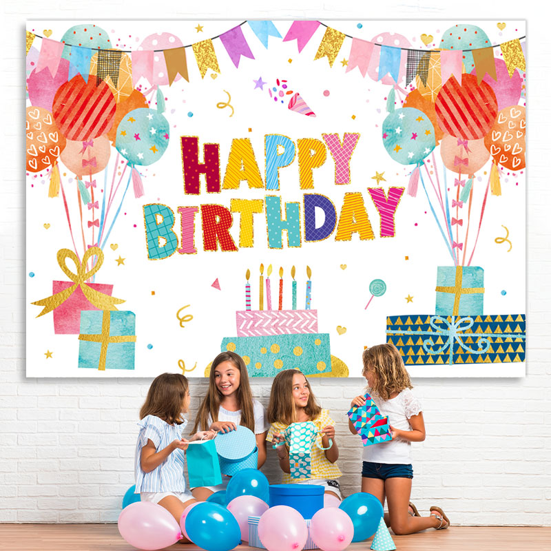 Lofaris Lovely Balloon Flags With Cake Happy Birthday Backdrop