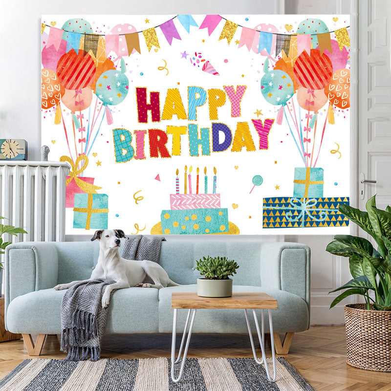 Lofaris Lovely Balloon Flags With Cake Happy Birthday Backdrop