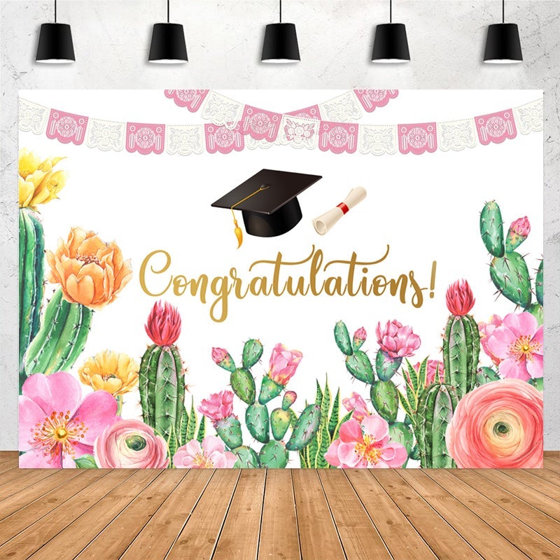 Lofaris Lovely Cactus Flags Themed Happy Graduation Backdrop