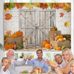 Lofaris Maple Pumpkin Brick Wall Wooden Door Autumn Backdrop
