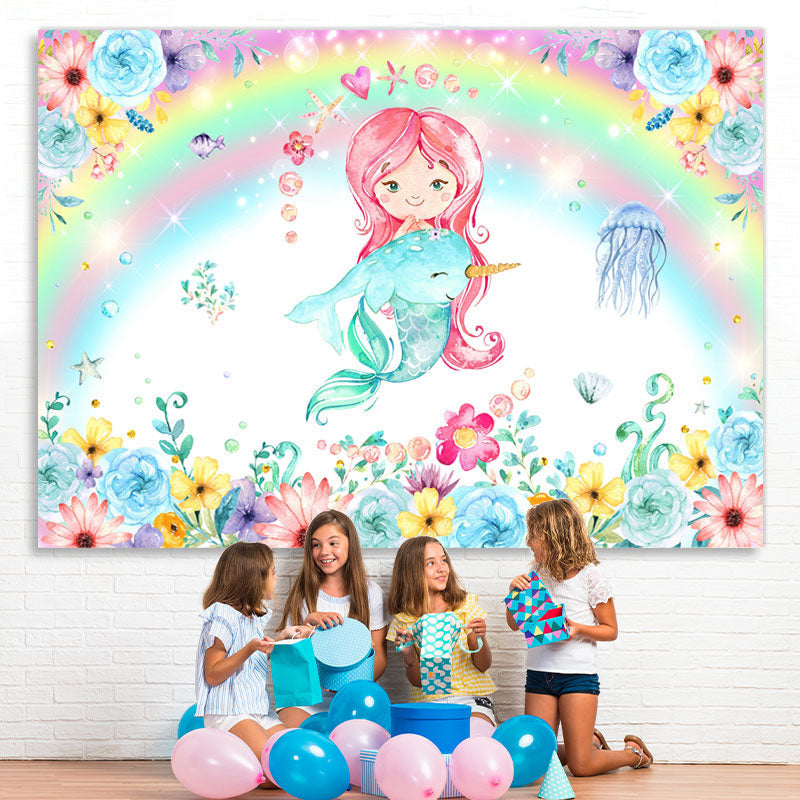 Lofaris Mermaid And Dolphin With Floral Birthday Party Backdrop