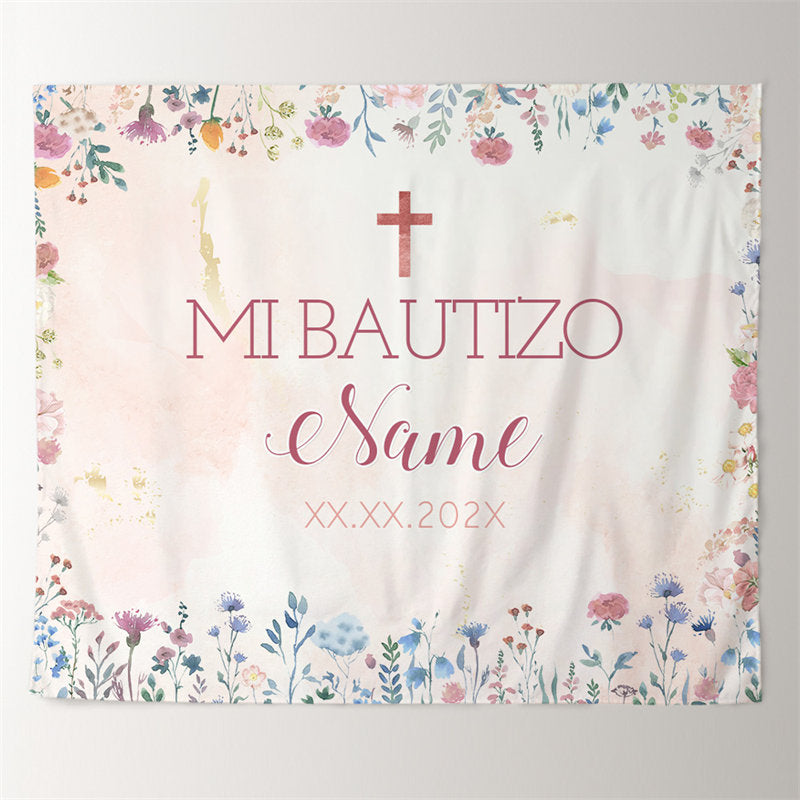 Lofaris Girl Mi Bautizo Pink Little Flower Baptism Backdrop For Deco