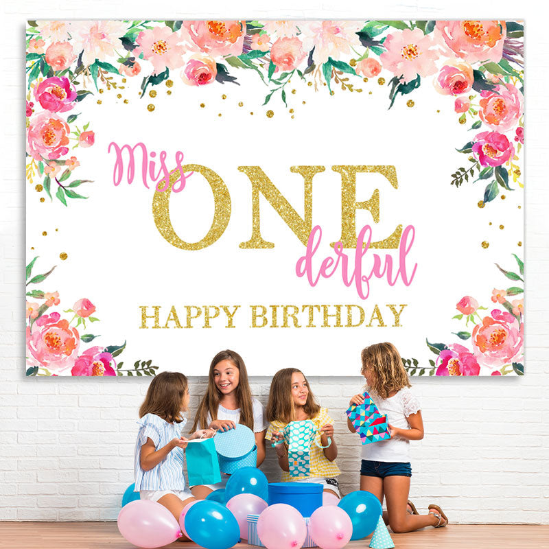 Lofaris Miss Onederful Watercolor Florals 1St Birthday Backdrop