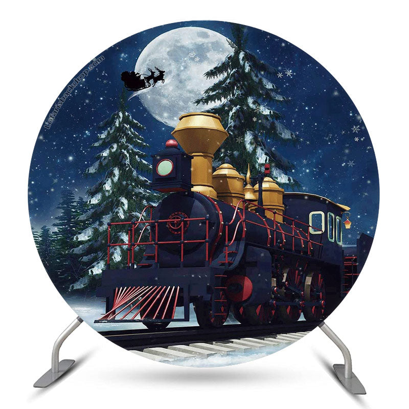 Lofaris Moon Train Pine Tree Christmas Night Round Backdrop