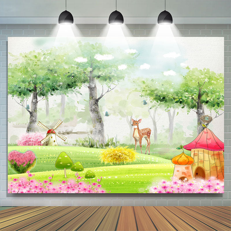 Lofaris Mushroom Forest Deer Floral Grass Spring Backdrop