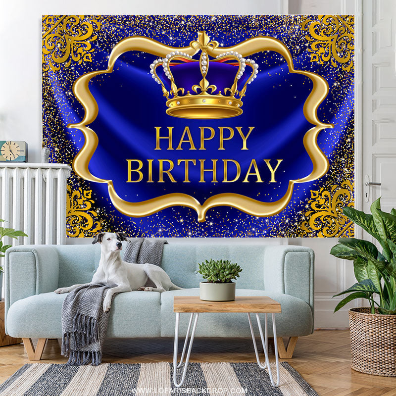 Lofaris Navy Blue And Glod Brown Crown Happy Birthday Backdrop