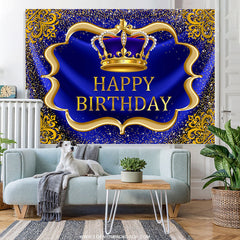 Lofaris Navy Blue And Glod Brown Crown Happy Birthday Backdrop