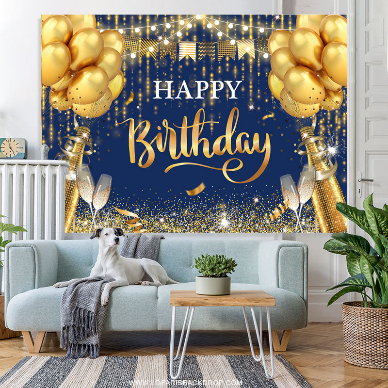 Lofaris Navy Blue And Golden Balloons Happy Birthday Backdrop