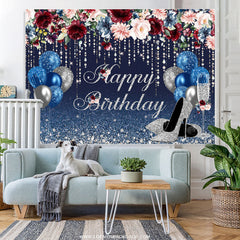 Lofaris Navy Blue And Sliver Balloons Glitter Birthday Backdrop