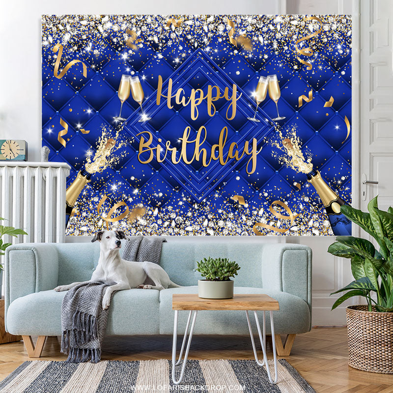 Lofaris Navy Blue Champagne Ribbion Happy Birthday Backdrop