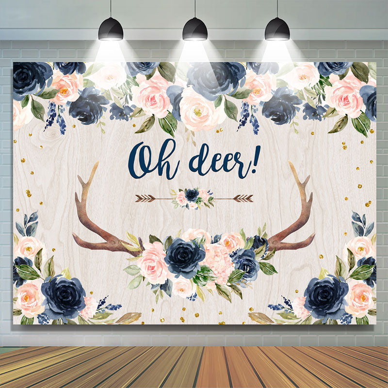 Lofaris Navy Blue Floral Oh Deer Flower Baby Shower Backdrop