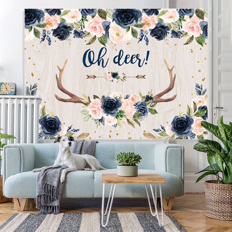 Lofaris Navy Blue Floral Oh Deer Flower Baby Shower Backdrop