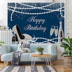 Lofaris Navy Blue Silver High Heels Happy Birthday Backdrop