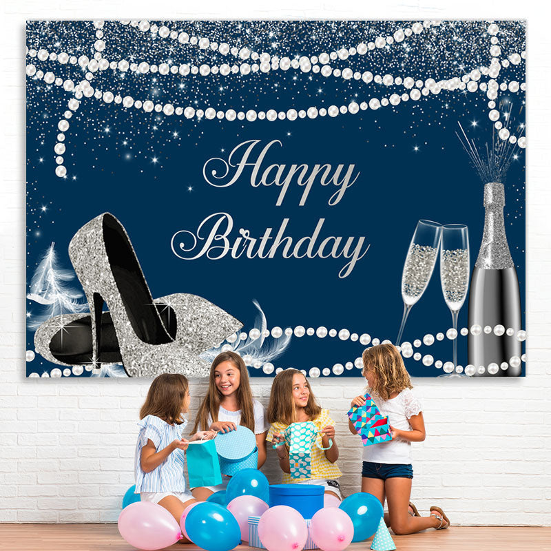 Lofaris Navy Blue Silver High Heels Happy Birthday Backdrop