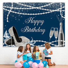 Lofaris Navy Blue Silver High Heels Happy Birthday Backdrop