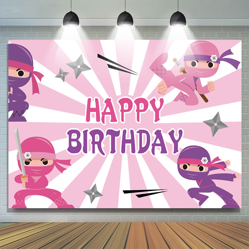 Lofaris Ninja Pink And White Happy Birthday Backdrop For Girls