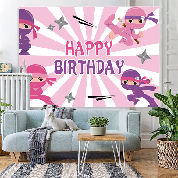 Lofaris Ninja Pink And White Happy Birthday Backdrop For Girls